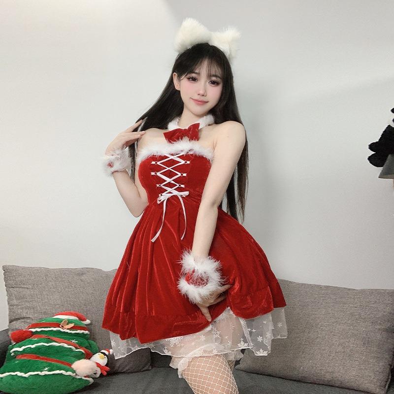 Christmas Robe Pure Desire Sexy Hottie Waist Thin Velvet Dress Atmosphere Red Skirt 6