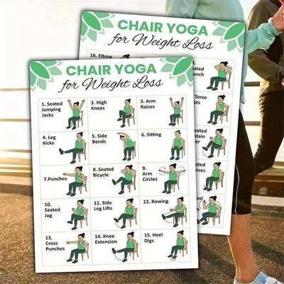 Tableau de Yoga sur Chaise 30 Jours Tableaux d'Entraînement 2 Pièces Guide d'Entraîneur de Yoga sur Chaise pour Personnes Âgées Débutants Mobilité Équilibre Flexibilité