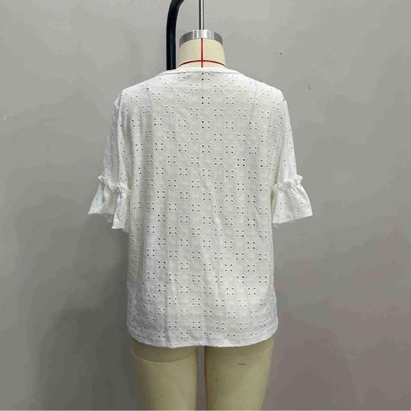 Summer Women's New Style Knitted Embroidered Hollow Ruffled V-neck Short-sleeved T-shirt Top