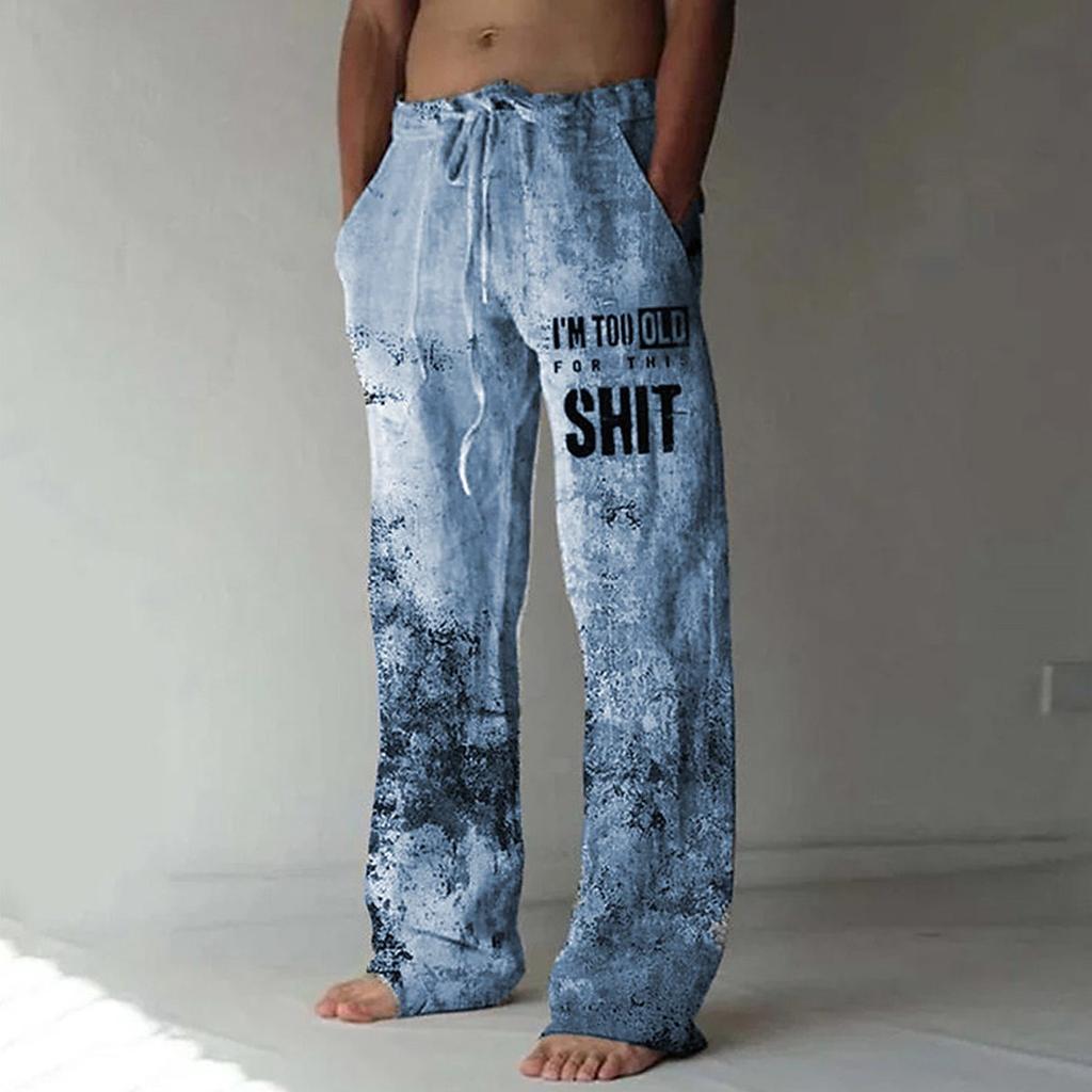 Retro Fashion Printed Men's Casual Pants Beach Men's Loose Casual Men's Pocket Pull Rope Linen  Sports Pants
