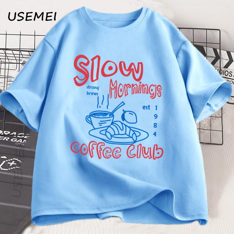 

Slow Mornings Graphic Tshirt Man Trendy Coffee Club Tshirt Retro Coffee and Croissant T Shirt Breakfast Club Tee Cotton Clothing 4XL