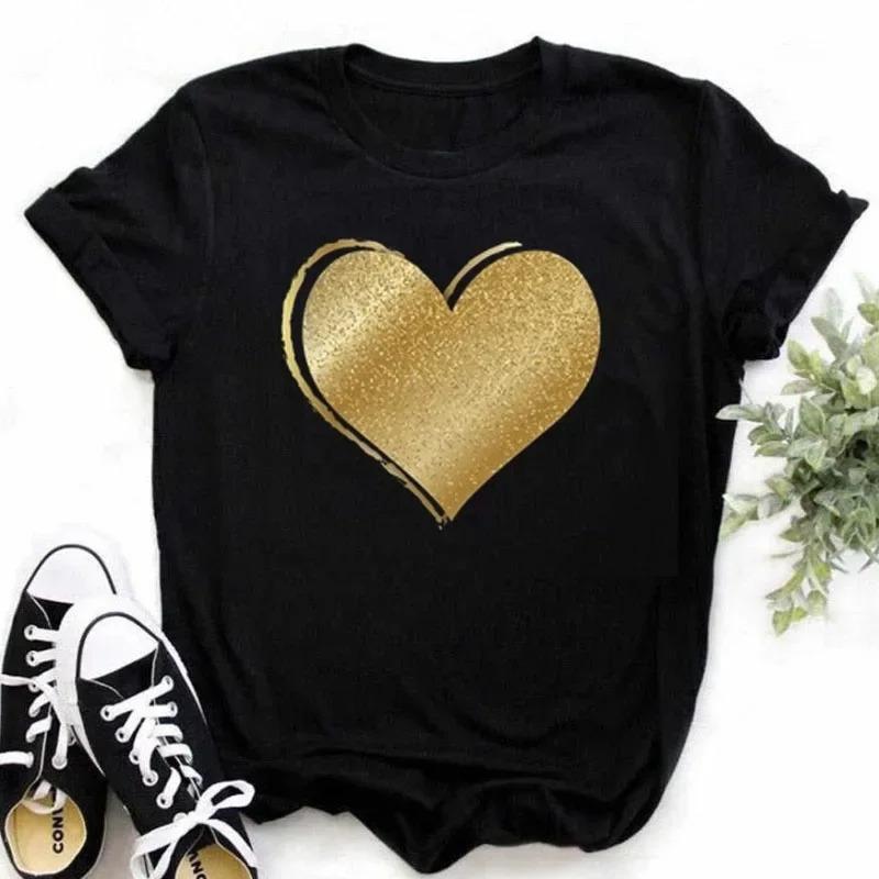 T-shirt Femme Imprimé Cœur Papillon Coloré Plume Rose Haut Décontracté Manches Courtes Pour Passionnés de Mode