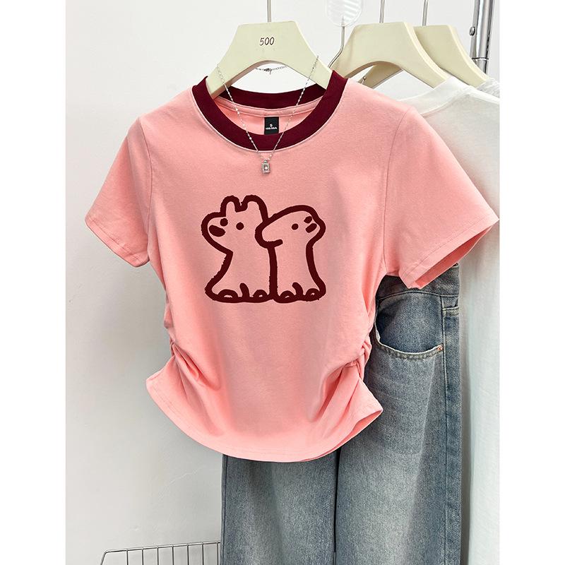 

Women s Korean Style Color Block Ruched Waist Print T-Shirt Large