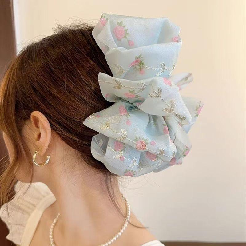 Elegant Floral Mesh Bow Claw Clip - Large Cloud Bubble Hair Accessory for Women
