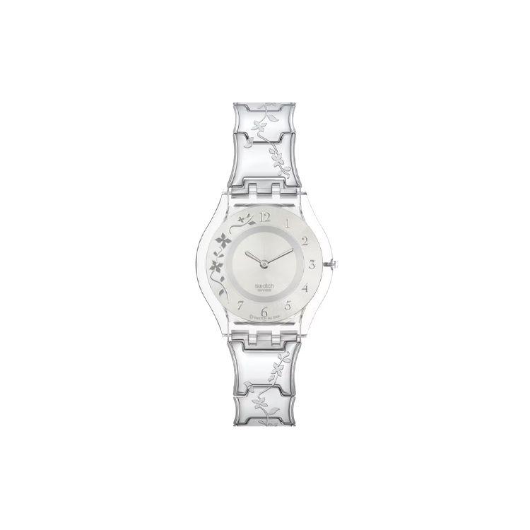 

Swatch Quartz Movement 30M Water Resistant Watch 34Mm Silver Dial Resin Plastic Case Stainless Steel Strap Women watches SFK300G Silver