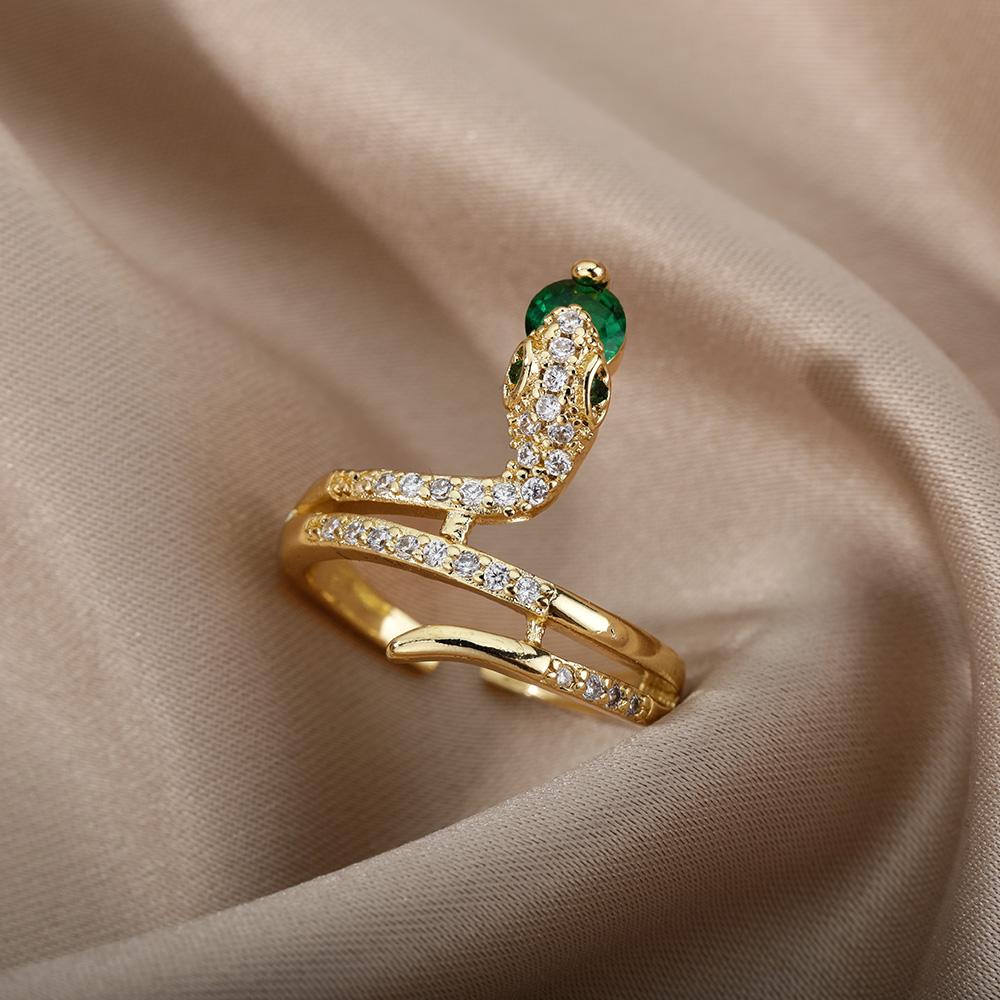Stainless Steel Snake Rings For Women Men Gold Open Adjustable Zircon Ring Vintage Gothic Aesthetic Jewelry Anillos Mujer