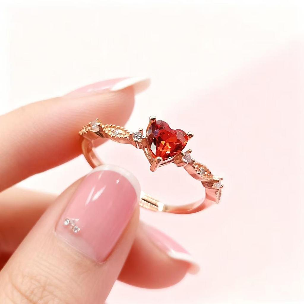 Yintai Imperial Concubine Rose Gold Heart-Shaped Red Zircon Ring: Luxurious Niche Design for Women