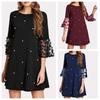 Fashion Women Sexy Wave Solid Point O Neck Spliced Hollow Out Long Sleeve Dress
