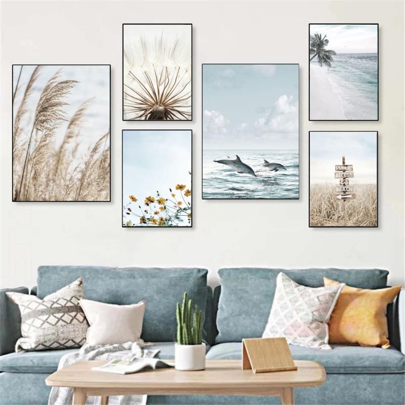 Nordic Posters Reed Dandelion Dolphin Sea Beach Flower Wall Art Canvas Painting And Prints Wall Pictures For Living Room Decor