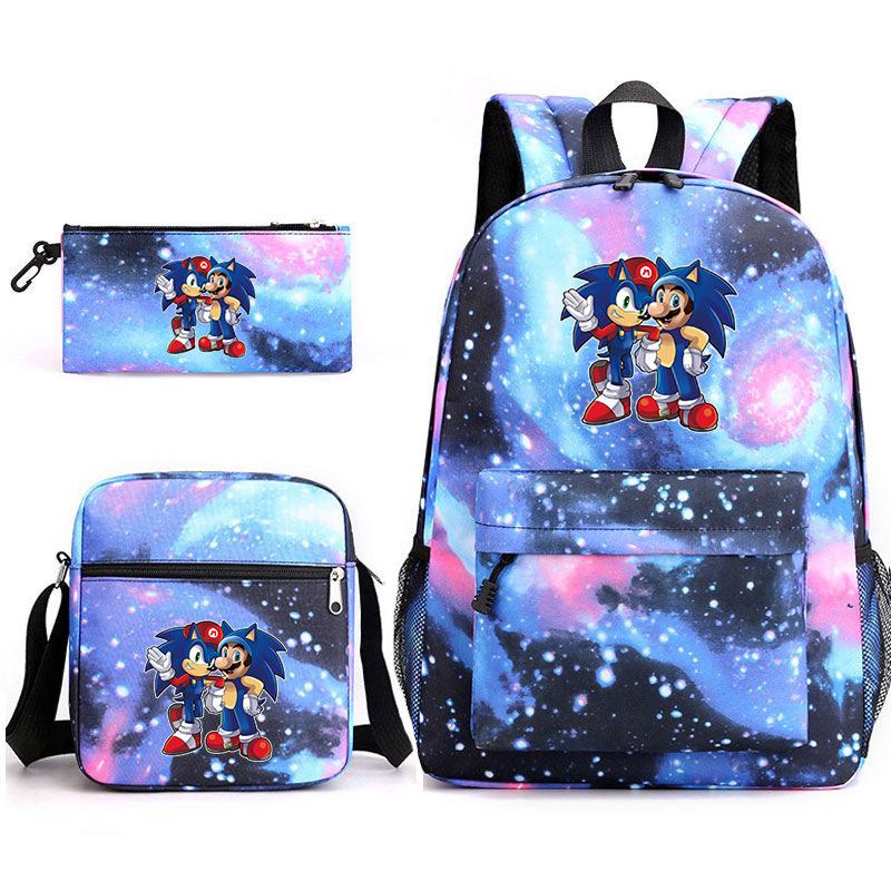Backpack Sonic Student School Bag Cartoon Backpack Shoulder Bag Pencil Case Three-Piece Set