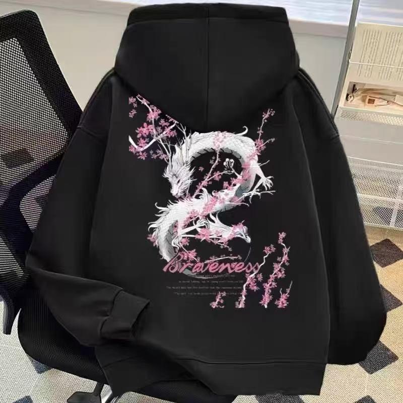 High Street Luminous Sakura Dragon Hoodie - Unisex Loose Fit Cotton Sweatshirt