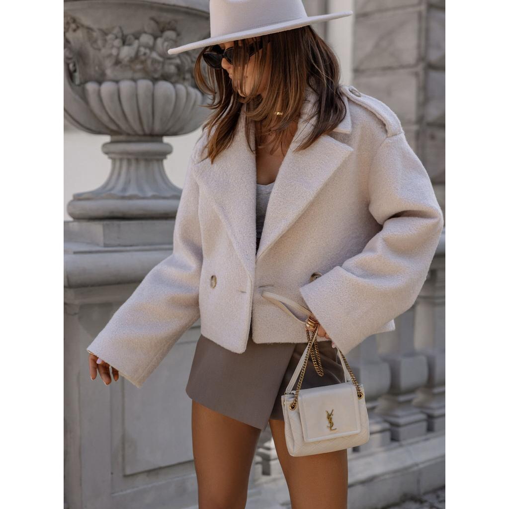 Street Women Jacket Turn-down Collar Full Sleeve Double Breasted Female Jackets Autumn Winter Solid Color Commute Lady Coat