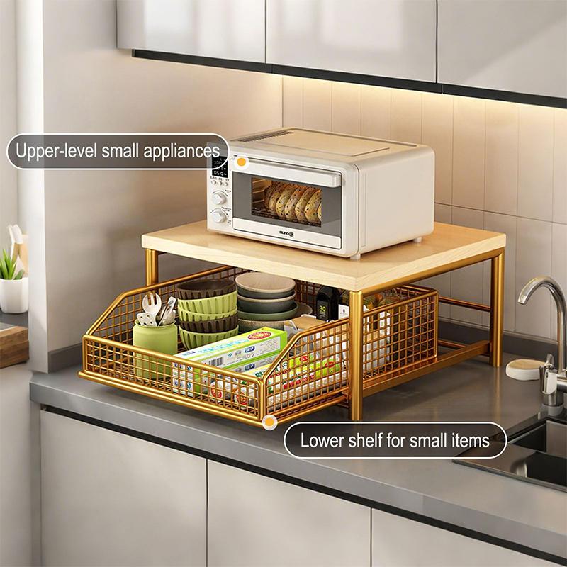 Space-Saving 2-Tier Pull-Out Rack | Printer/Microwave Stand with Storage Basket | For Kitchen, Living Room & Bedroom