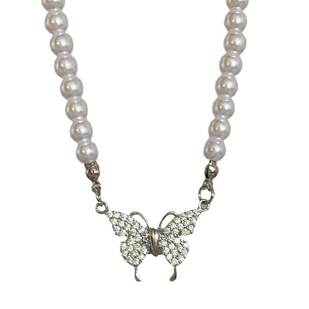 Silver Butterfly Pearl Necklace with Magnetic Detachable Design for Women - Delicate Micro-set Clavicle Chain