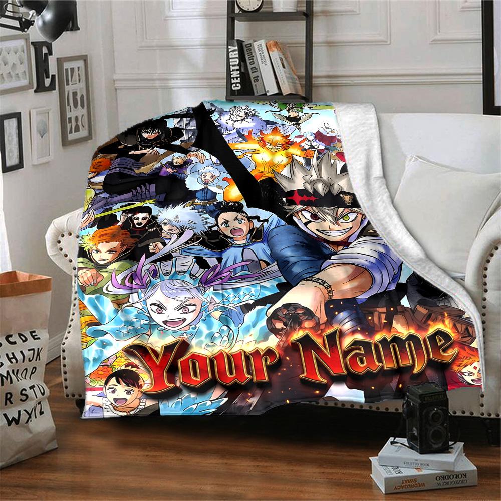 1pc Black Clover Blanket with Custom Name, Gift, for Men and Women, Soft Blanket, Good for Sofa Bed Couch Travel, Lightweight Flannel Blanket