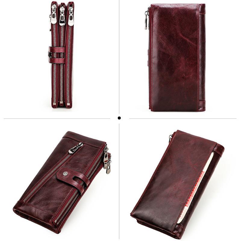 Triple Layer Zipper Women Long Wallet Old Fashioned Genuine Leather Ladies 3 Fold Coin Purse RFID Anti-theft Money Clips Card Holder Bag for Wife Gift