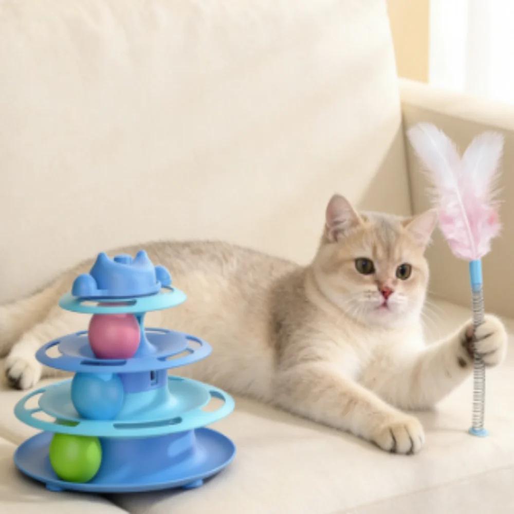Interactive Cat Toy Tower Kitten Turntable Track Roller Balls Toys With Feather Pets Training Supplies Toy For Cat Tower