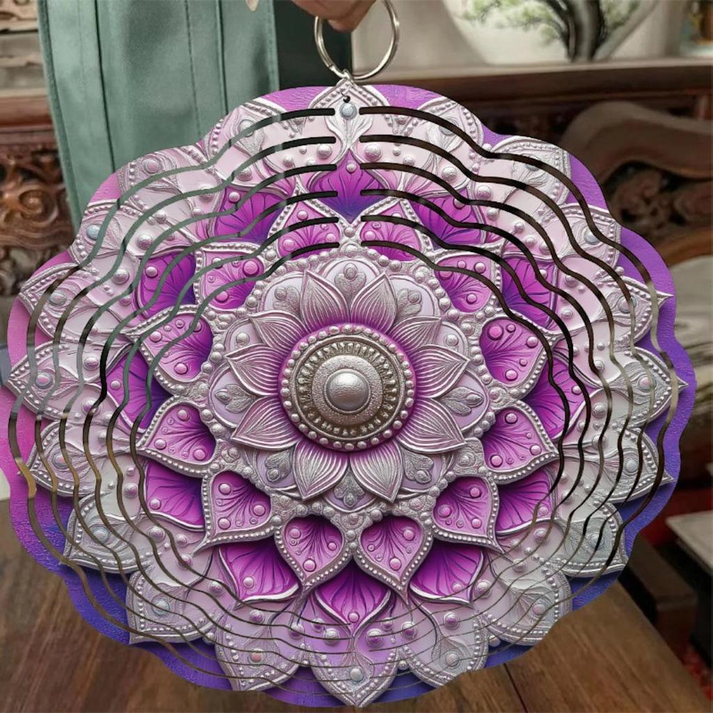 1pc 2D Pink Purple Mandala Wind Chime - Intricate Metal Hanging Spinner for Garden and Patio Decor, Outdoor Ornament with Floral Patterns