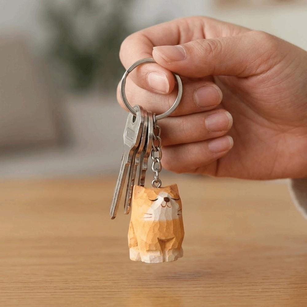 Creative Wooden Carving Cat Keychain Handmade Siamese Cat Keyring Hanging Accessory
