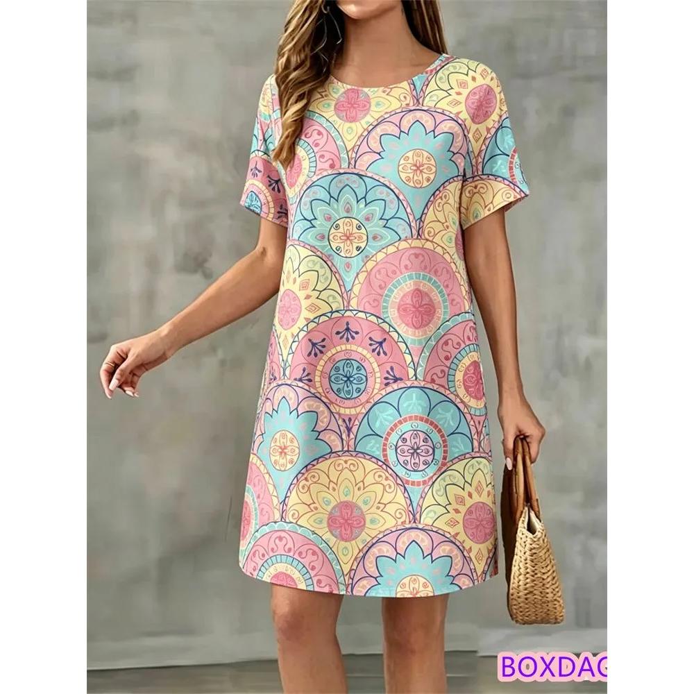Flower Print Versatile Short-sleeved Dress Comfortable Simple Casual Dresses