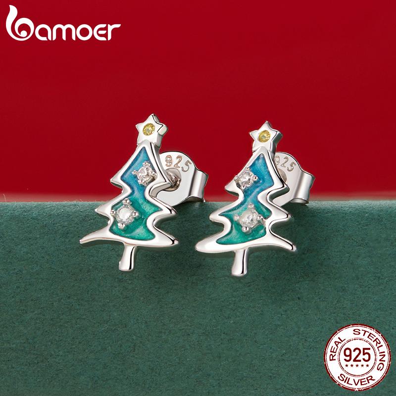 BAMOER 925 Sterling Silver Christmas Tree Stud Earring Lovely Earring For Women Enamel Process Cubic Zirconia Fine Jewelry Gift