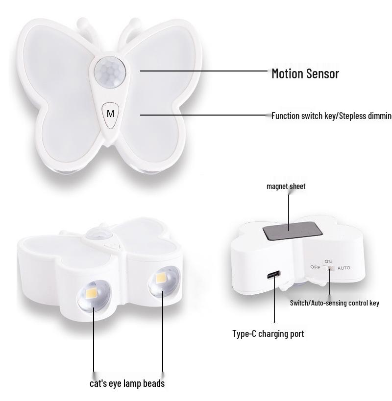 Rechargeable LED Butterfly Night Light with Body Sensor & Magnetic Attachment for Bedrooms