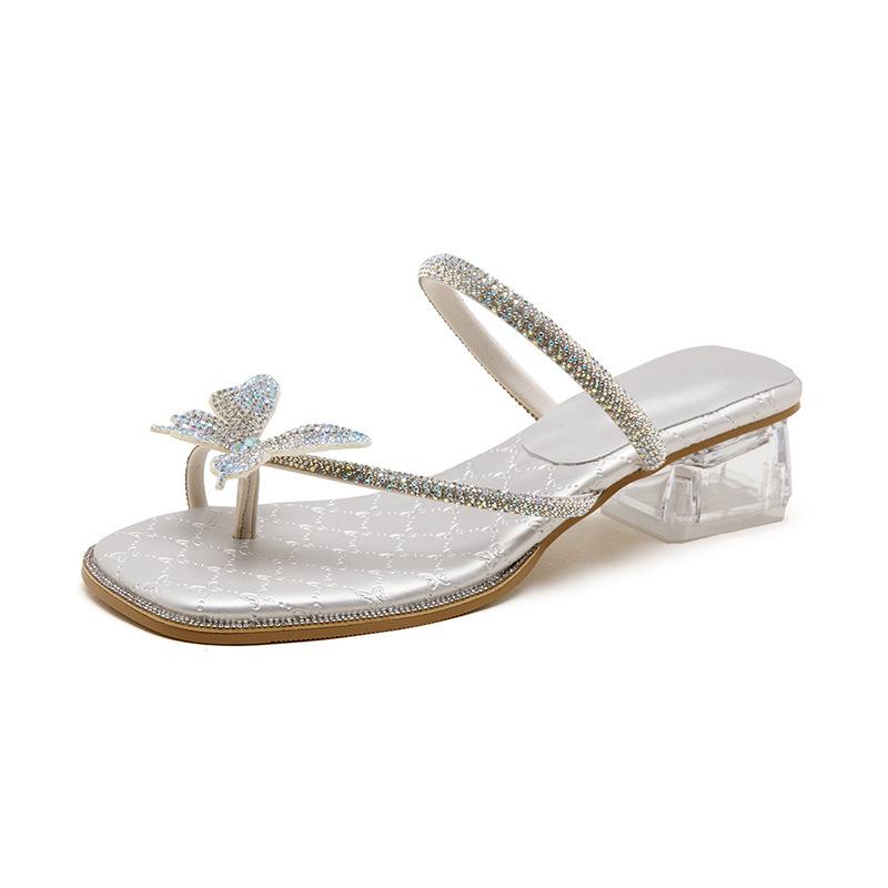 Augustine thick-heeled slippers women's summer wear 2025 new butterfly sandals toe-to-toe temperament high heels