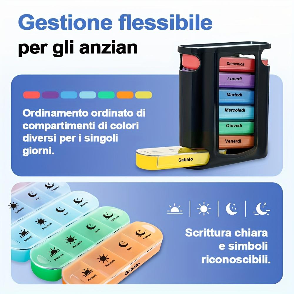 [Printed In Italy] Weekly Pill Organizer, 7 Stackable Compartments Four Times-a-Day - Morning, Noon, Evening, and Bedtime