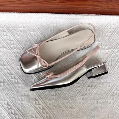 2025 Summer Women's Flats Sliver Boat Shoes Square Toe Slip On Flat Shoes for Woman Ballet Flats Comfortable Bow Women's Sandals