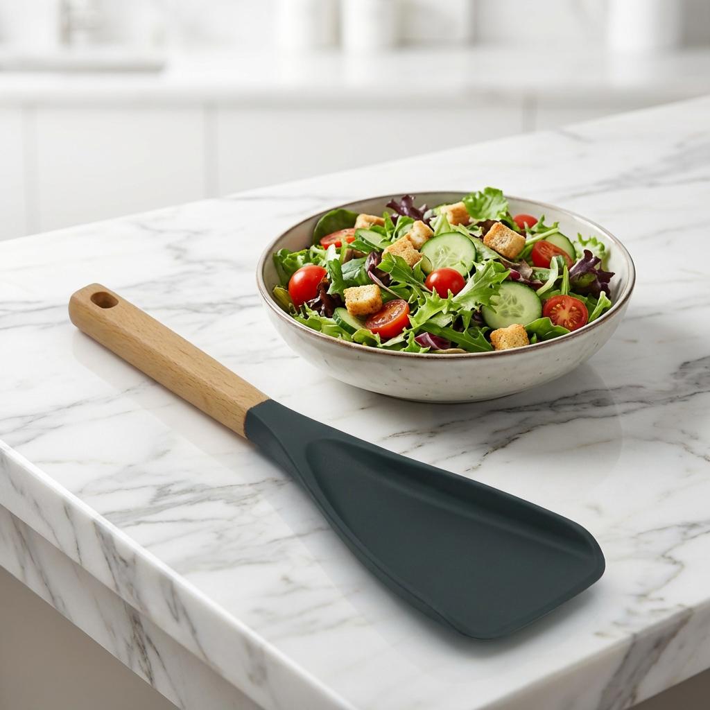 

Silicone Salad Spatula with Wooden Handle - Heat Resistant Non-Stick Kitchen Turner for Salad, Cooking&Baking, Food-Safe&Durable чёрный