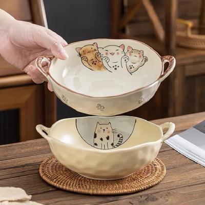 7.5inch Japanese Household Noodle Bowl Ceramic Soup Bowl With Handle Salad Pasta Bowl Kitchen Tableware Microwave Oven Bakware
