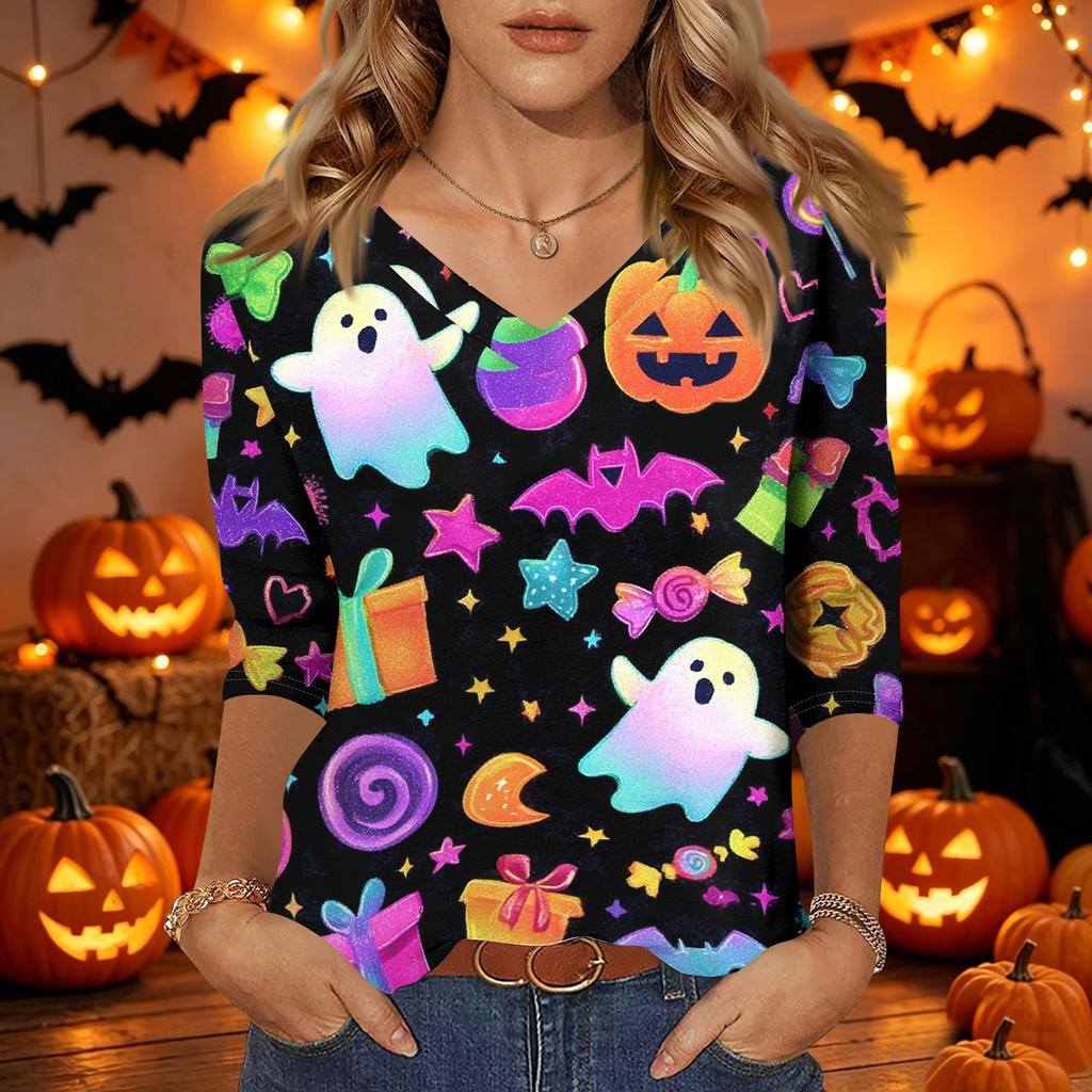 Women Casual Halloween Print V Neck Three Quarter Sleeve Top Lightweight Comfortable Fit Stylish Design for Daily Wear