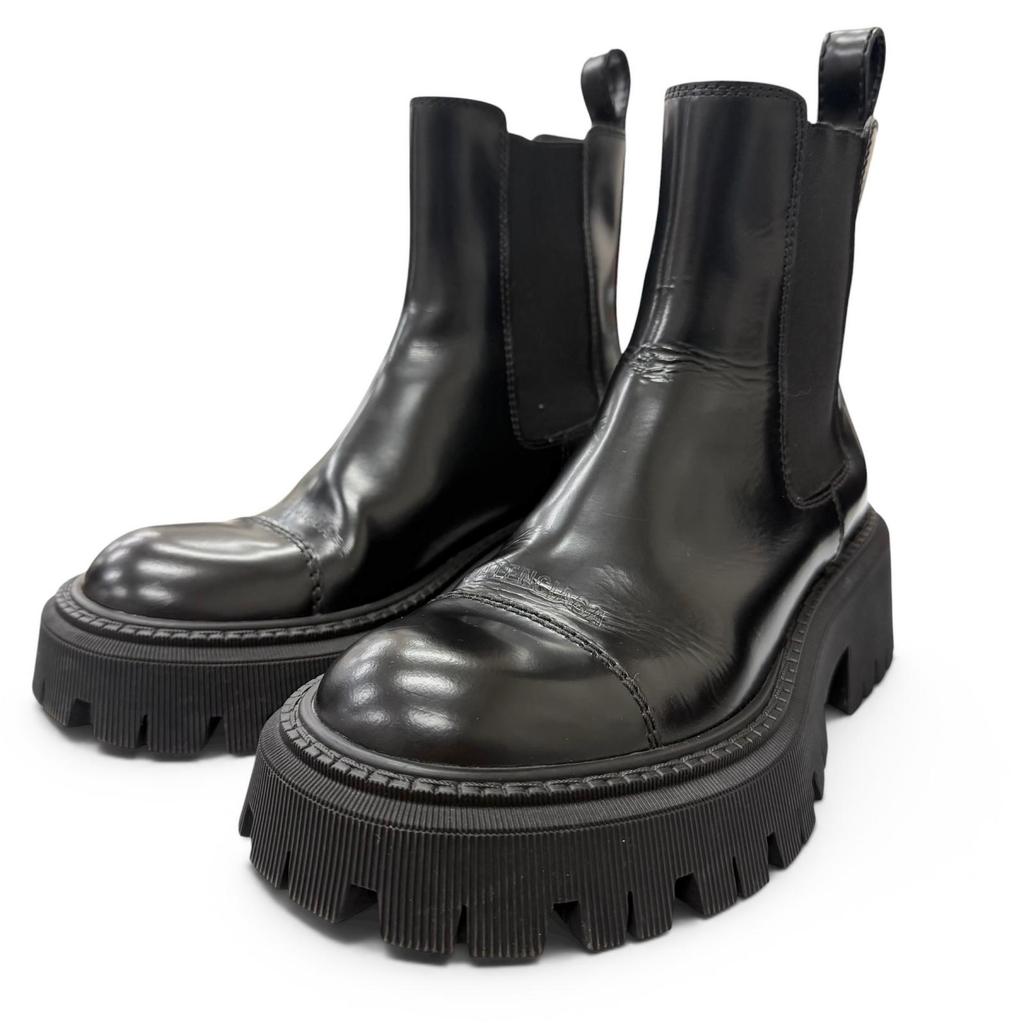 Great BALENCIAGA Boots TRACTOR BOOTIE Side Gore Black Leather Women Used