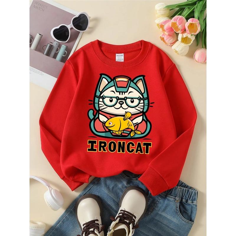 Kids Sweatshirt Girls Iron Cat With Fish And Glasses Crewneck Sweatshirt | Cute Print, Soft Casual, Easy-Care, Regular Fit, Spring/Fall Season 110 красный