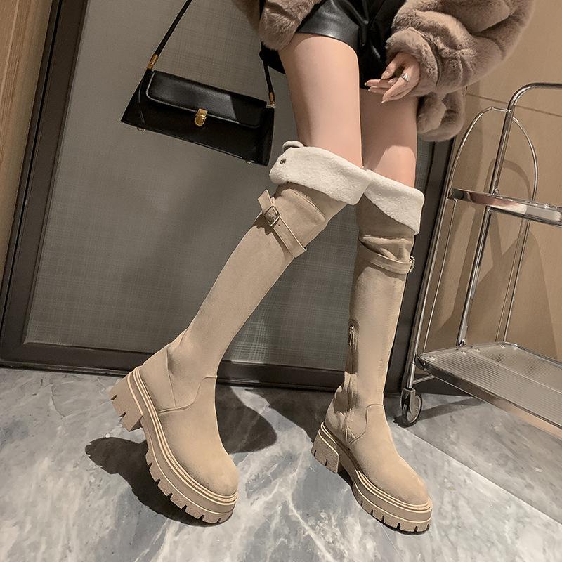 Lapel two wear autumn and winter new knee boots women's snow boots fleece thickened large tube circumference to keep warm