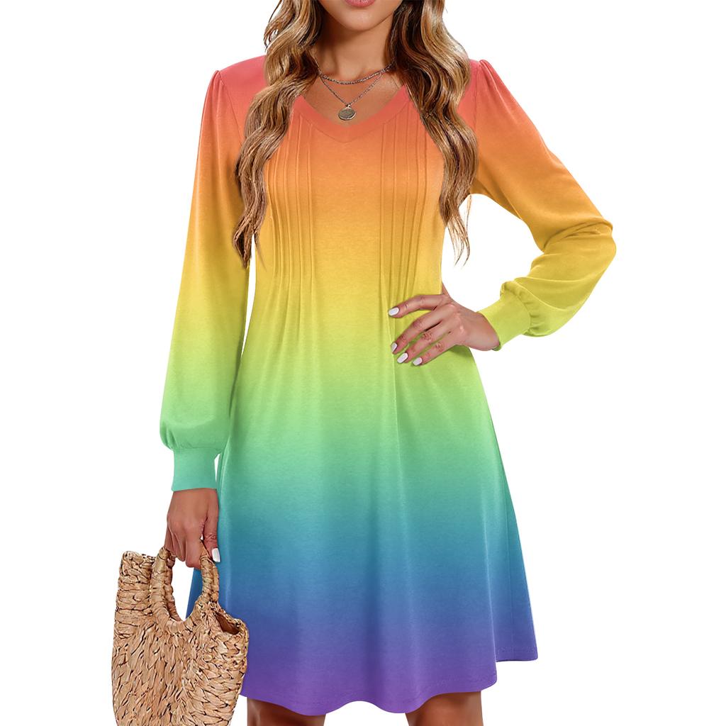 Ladies' Printed Casual And Fashionable V-neck Long Sleeved Mid Length Dress