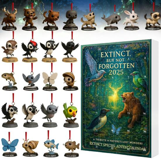 Extinct Species Advent Calendar 24-Day Christmas Countdown Decoration 2D Flat Acrylic Animal Pendant Multifunctional Holiday Ornament
