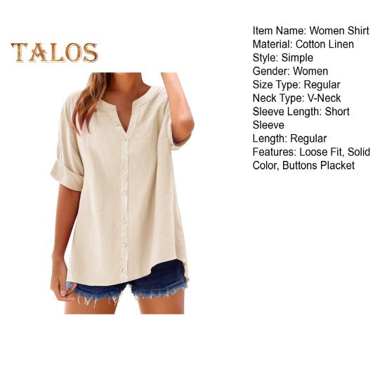 Women Shirt V-Neck Short Sleeve Buttons Placket Shirt Tops Solid Color Loose Fit Breathable Shirt Daily Wear