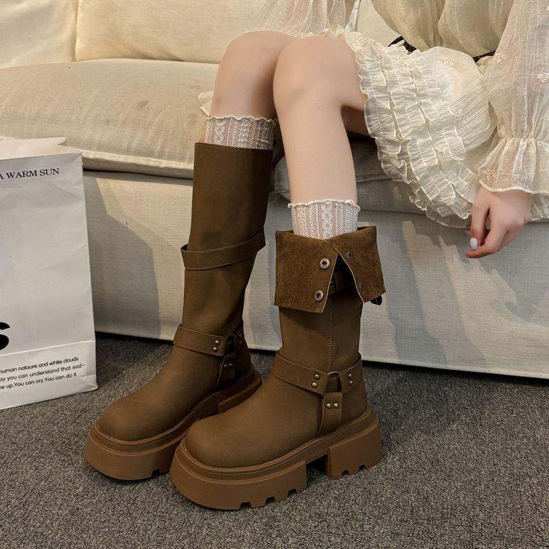 Spring and Autumn Height Increase Beauty Small Man Rad Thick Leg Knight Boots New Tall Boots Brown 2025 Fat Mm Long Boots Women
