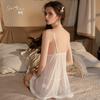 Women's Lace Mesh Faux Fur Trim Deep V Backless Sleep Dress with Robe Lounge Set