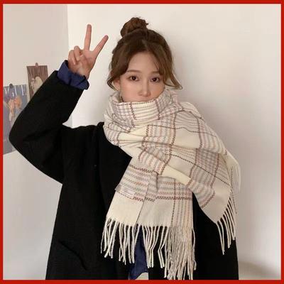 Herbst und Winter Neu Damen Imitat Kaschmir Karoschal Japanische Mode Vielseitiger Schal Verdickt Warm Quastenschal