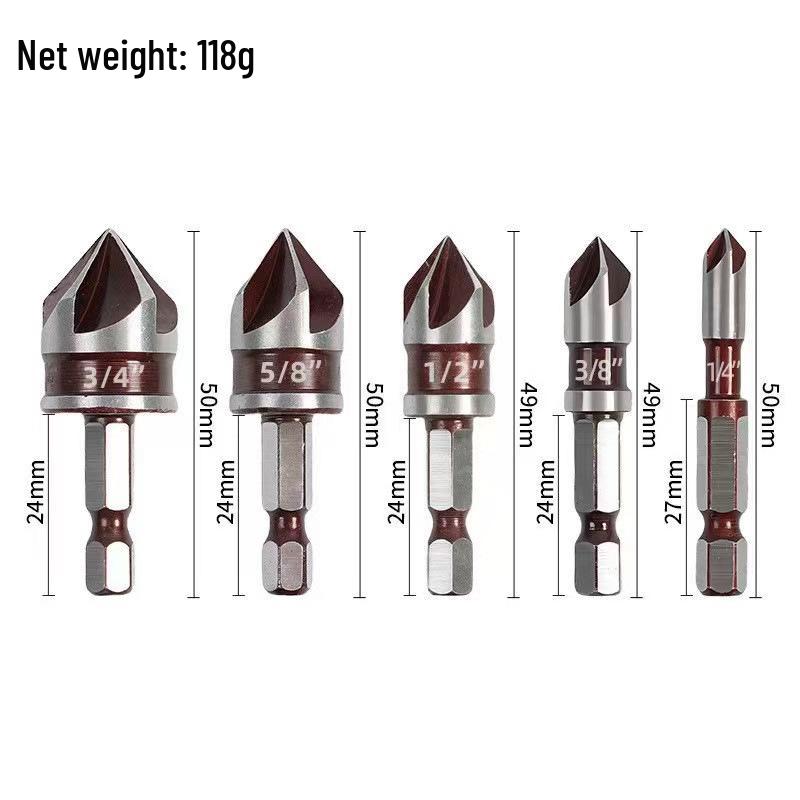 Five-Flute Chamfering & Countersink Drill Bit Set for Woodworking