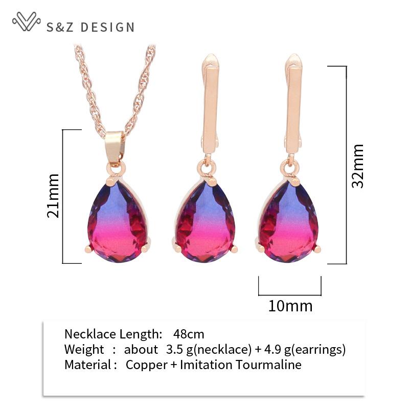 Fashion Water Drop Dangle Earrings Jewelry Sets For Women Girl Rose Gold Color Pendant Necklace Wedding Party Gift