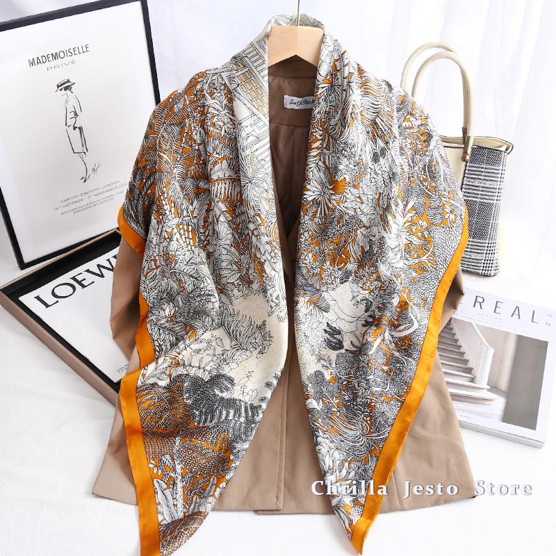 Big Size 110cm Square Floral Printed Women Fashion Imitated Silk Scarf Foulard 45inch Muslim Hijab