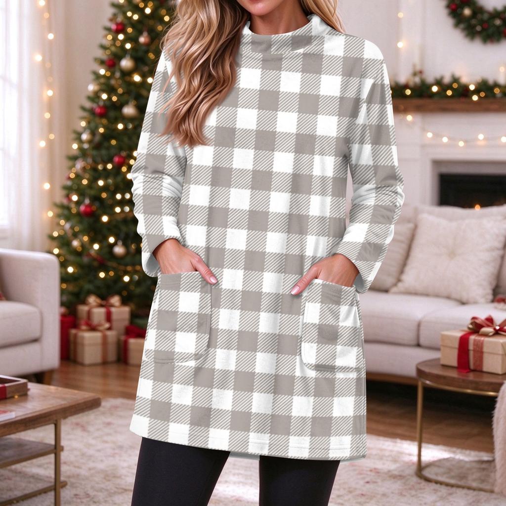 Women's Flannel Plaid Print Pullover Top with Pocket, Long Sleeve Neck
