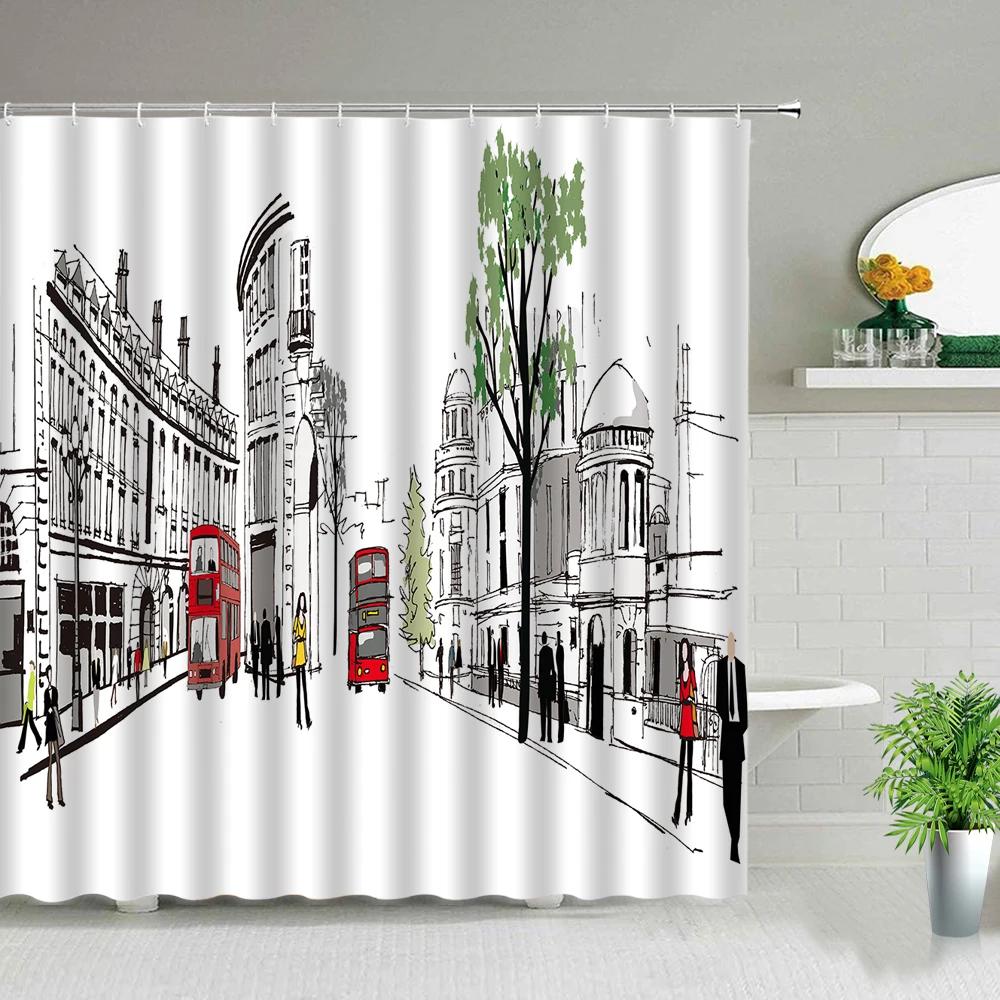 Paris Street Scenery Black And White Design Red Tram Bathroom Shower Curtain Waterproof Bathtub Home Decor Background Curtains