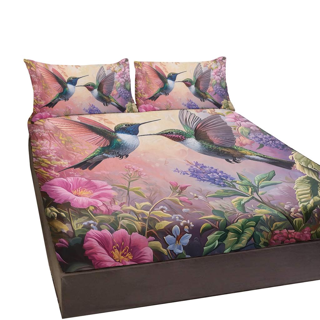 Pink Three-Piece Hummingbird Bed Set With 2 Pillowcases For Bedroom Living Room Decor