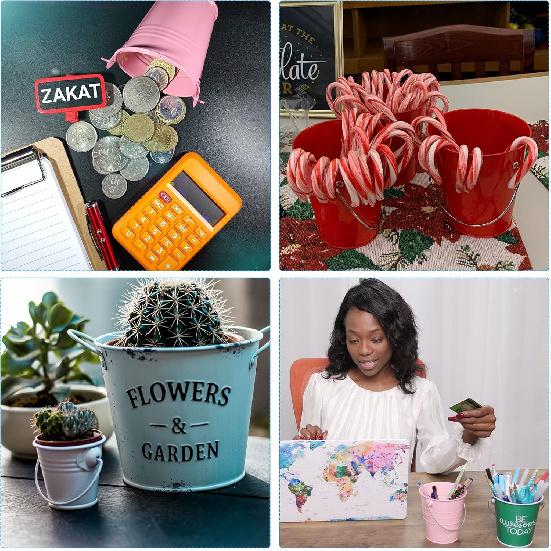 PATIKIL 4.7 Inch Colored Metal Buckets, 4 Pack Pencil Holder Buckets Round Metal Planter Pails Container with Handles for Classroom Crafts, Light