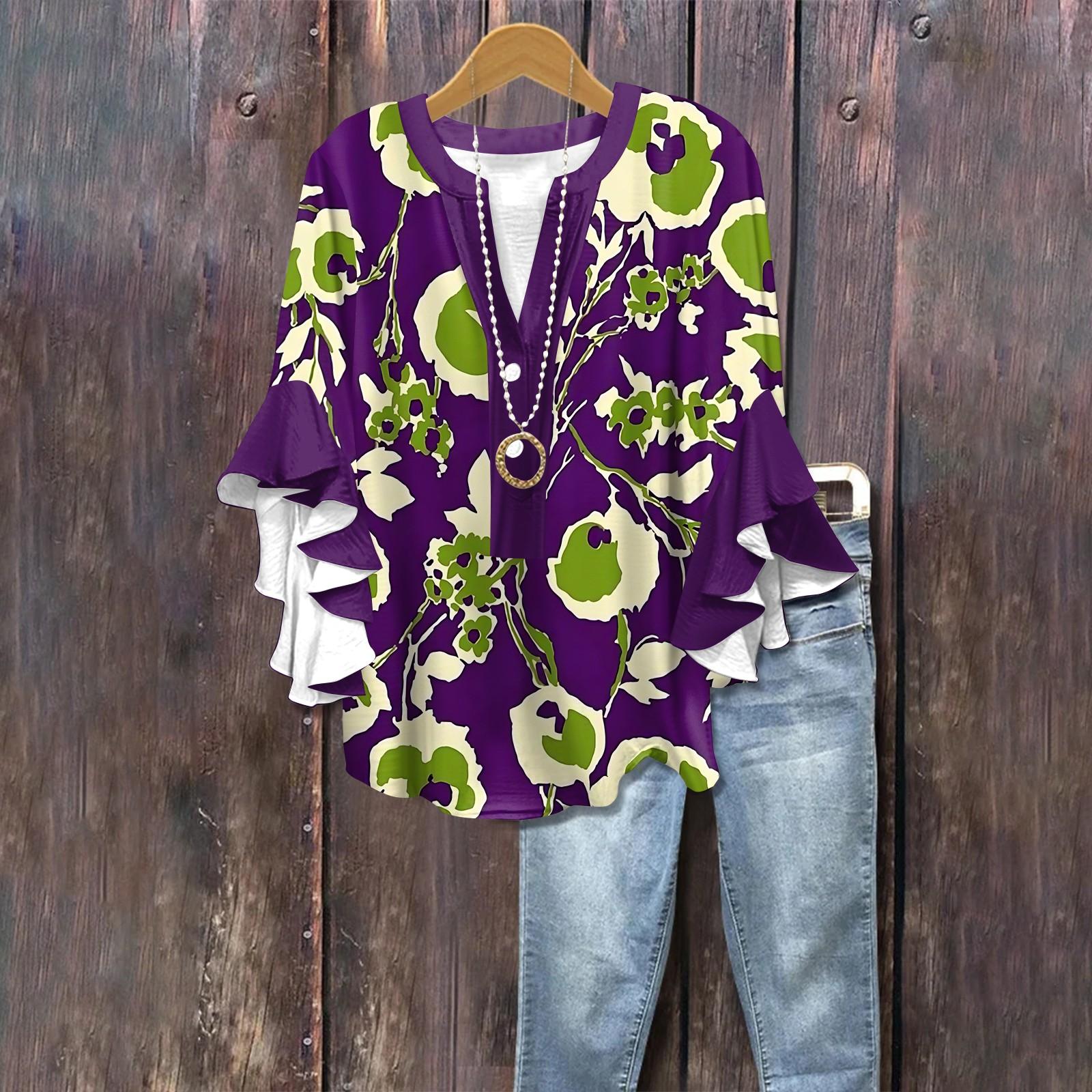 

Summer Tops For Women Cute V Neck 3/4 Sleeve Blouses Floral Print Top Casual Shirts L фіолетовий