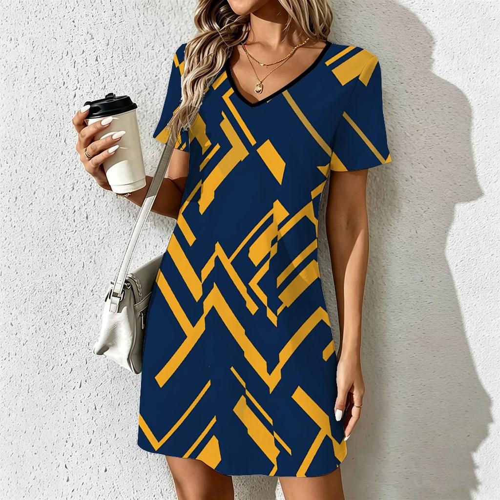 Summer Fashion Women's V Neck Short Sleeve Abstract Pattern  Printed  Dress Sex Short Skirt Dresses